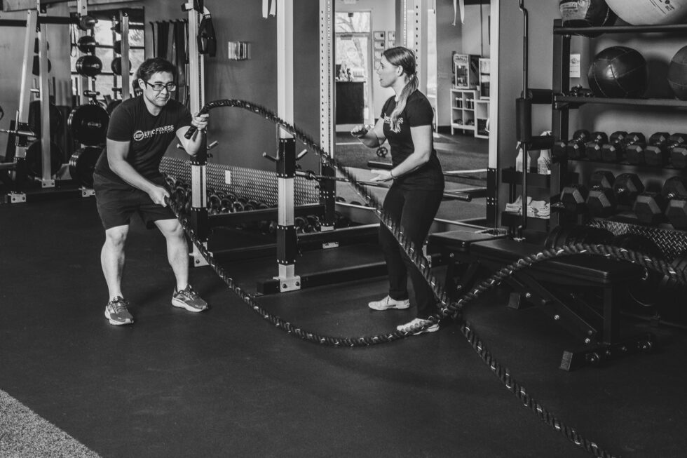 Trainer and Client Battle Ropes at Epic Fitness Gym Salt Lake - Branding Photographer